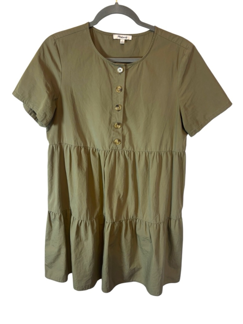 Madewell Olive Short-Sleeve Tiered Button Tunic Dress Size Small